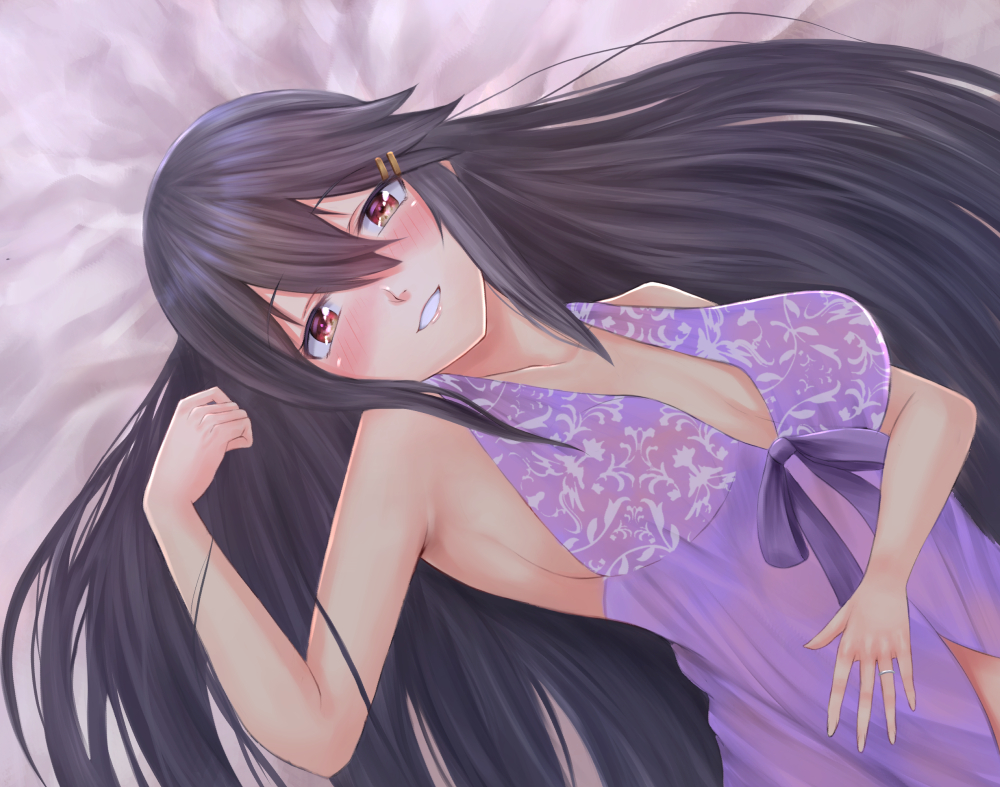 1girl armpits bare_shoulders bed black_hair blush commentary hair_ornament hairclip hand_on_own_stomach haruna_(kantai_collection) irohakaede jewelry kantai_collection lingerie long_hair looking_at_viewer lying negligee on_back red_eyes ring smile solo underwear very_long_hair wedding_band