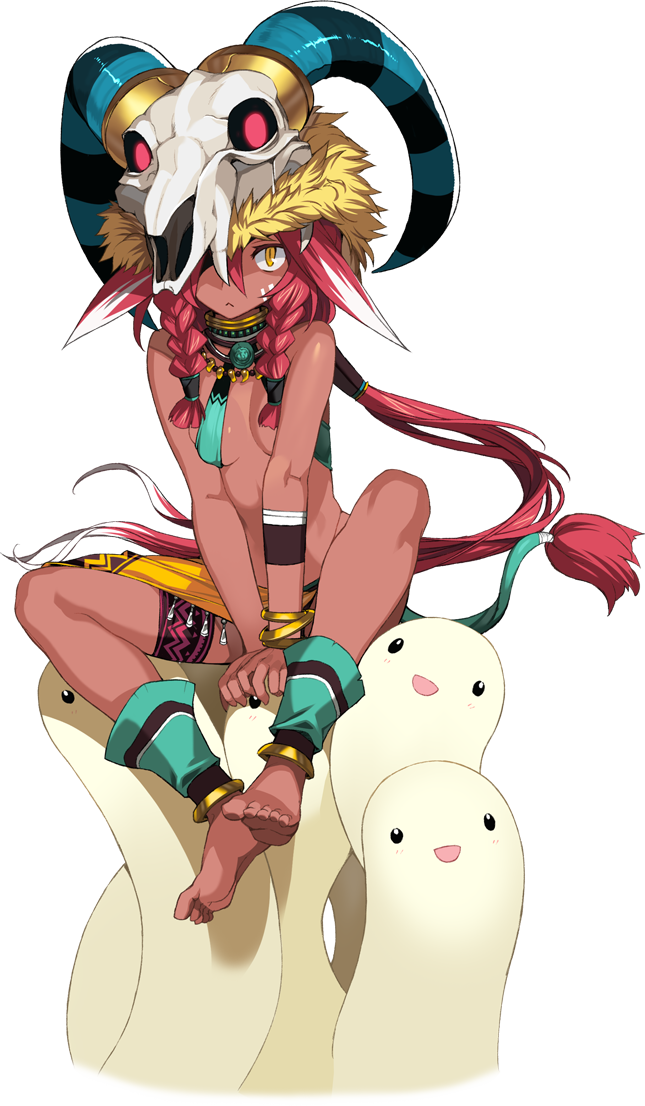 1girl :&lt; animal_ears barefoot bracelet braid breasts dark_skin jewelry jpeg_artifacts long_hair midriff monster official_art one_eye_covered pink_hair rance_(series) shiny shunin sidelocks sioux sitting skull small_breasts solo tail thigh_strap transparent_background twin_braids v_arms very_long_hair yellow_eyes