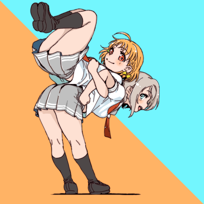 2girls :d ahoge back-to-back bangs bent_knees black_legwear black_shoes blue_background blue_eyes bow braid clenched_hands grey_hair hair_bow hair_ornament hairpin kneehighs leaning_forward lifting_person locked_arms looking_at_viewer love_live! love_live!_sunshine!! miniskirt multiple_girls neckerchief open_mouth orange_hair pleated_skirt red_eyes red_neckerchief school_uniform serafuku shinanoya_(satanicad) shoes short_hair short_sleeves side_braid skirt smile standing takami_chika tie_clip two-tone_background uranohoshi_school_uniform watanabe_you yellow_bow