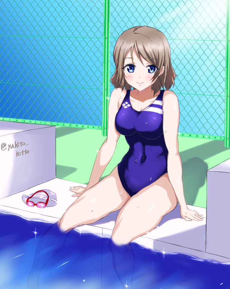 1girl arm_support bare_shoulders blue_eyes blush breasts brown_hair chain-link_fence competition_swimsuit diving_block fence goggles highleg looking_at_viewer love_live! love_live!_school_idol_project love_live!_sunshine!! medium_breasts one-piece_swimsuit pool short_hair sitting smile solo swim_cap swimsuit thighs twitter_username watanabe_you wet yukito_kitto