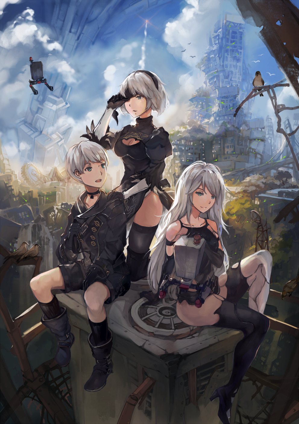 1boy 2girls black_legwear blush boots breasts cleavage cleavage_cutout green_eyes high_heels highres knee_boots kneeling large_breasts long_hair looking_at_another looking_at_viewer looking_away multiple_girls nier_(series) nier_automata short_hair smile spark_(sandro) thigh-highs white_hair yorha_no._2_type_b yorha_no._9_type_s yorha_type_a_no._2