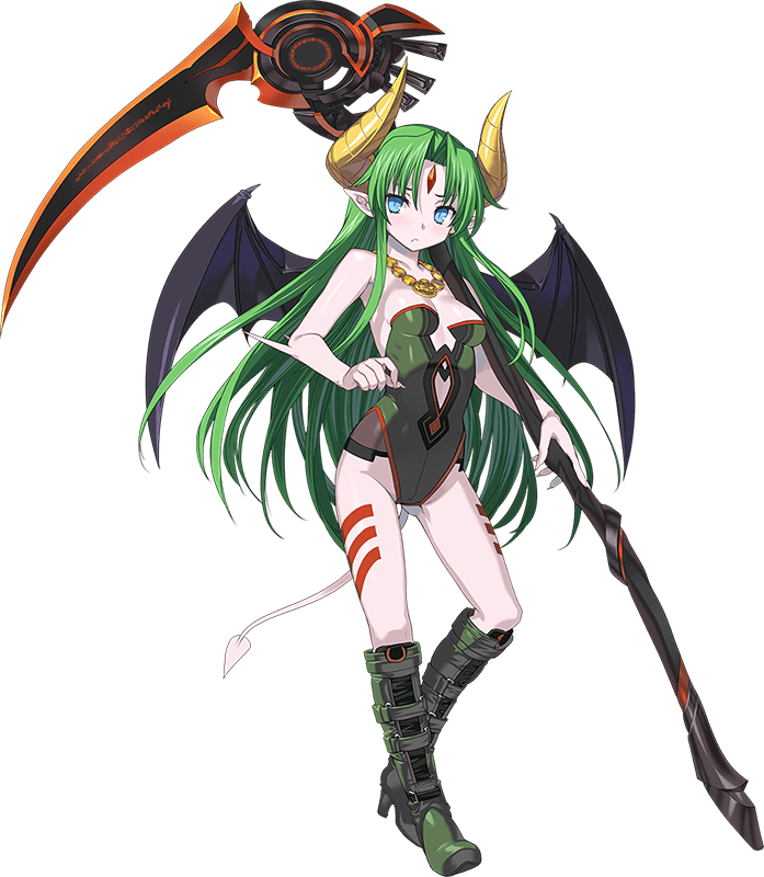 1girl blue_eyes boots breasts demon_girl demon_horns demon_tail demon_wings ferris_(rance) forehead_jewel full_body gluteal_fold green_hair holding holding_weapon horns long_hair looking_at_viewer medium_breasts official_art pointy_ears rance_(series) rance_03_leazas_kanraku scythe shunin solo tail transparent_background weapon wings