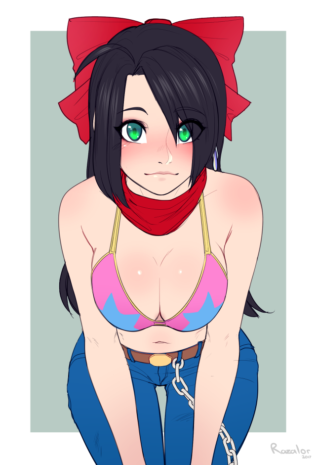 1girl ahoge bikini_top black_hair blush bow breasts character_request cleavage denim eyebrows_visible_through_hair green_eyes hair_bow hair_over_one_eye jeans large_breasts leaning_forward lips long_hair looking_at_viewer navel pants razalor red_bow red_scarf scarf solo thigh_gap