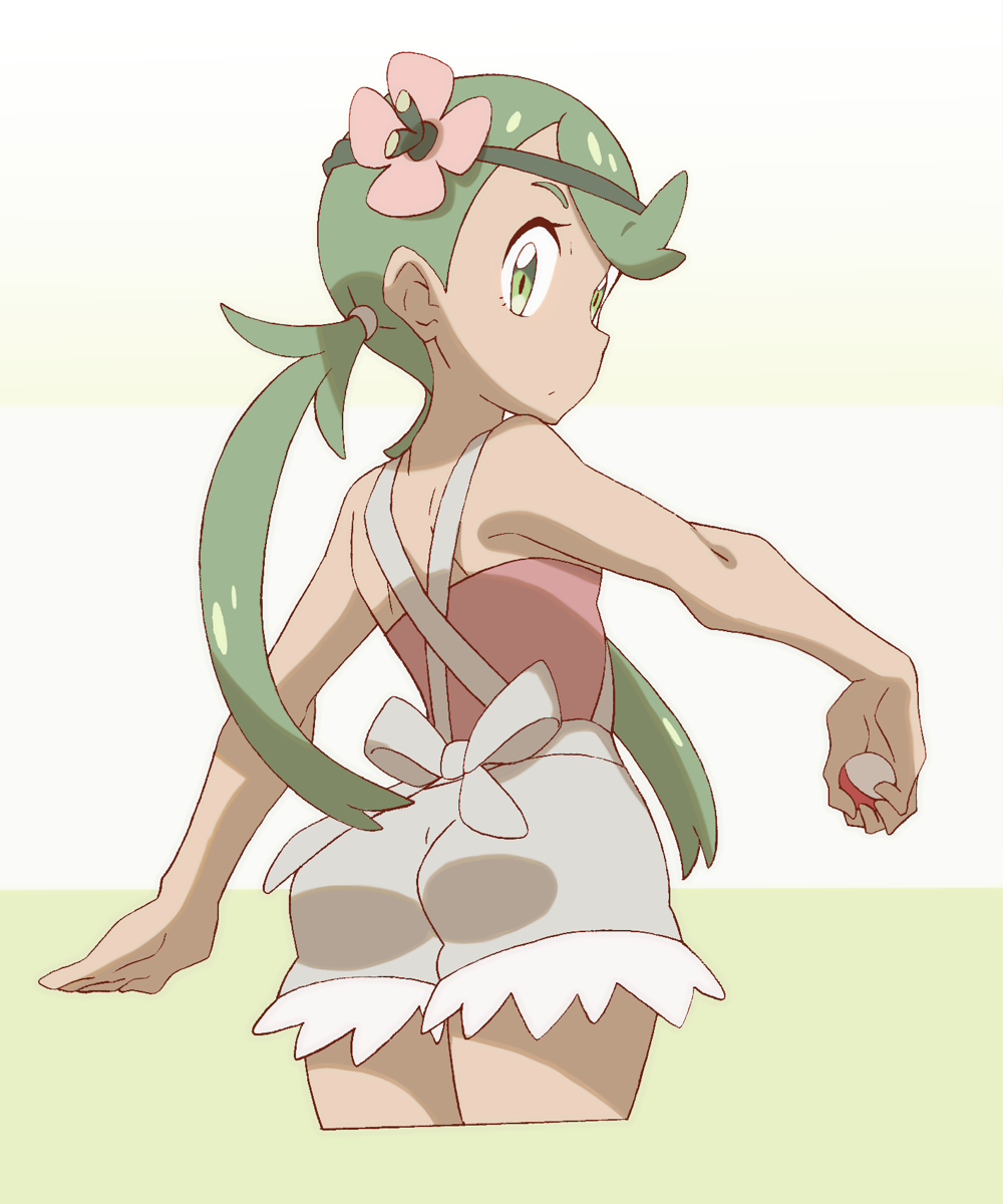 1girl apron ass back bare_shoulders bow cropped_legs dark_skin flower flower_on_head from_behind green_eyes green_hair hair_flower hair_ornament highres looking_at_viewer looking_back mallow_(pokemon) nomura_(buroriidesu) overalls pink_shirt poke_ball pokemon pokemon_(game) pokemon_sm shirt simple_background sleeveless sleeveless_shirt solo trial_captain twintails white_background