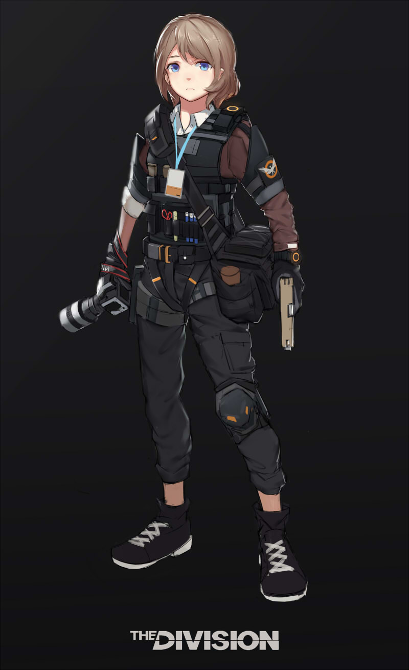 1girl black_gloves blue_eyes camera doren full_body gloves grey_hair gun highres holding holding_camera holding_gun holding_weapon id_card looking_at_viewer shoes short_hair sketch sneakers solo tom_clancy's_the_division weapon