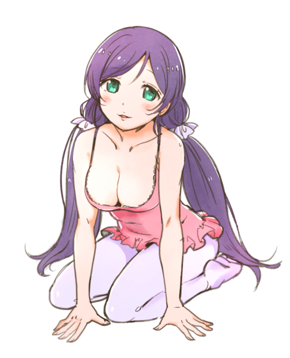 1girl blush breasts cleavage eyebrows_visible_through_hair frilled_leotard frills green_eyes hair_ornament hair_scrunchie large_breasts leotard long_hair looking_at_viewer love_live! love_live!_school_idol_project low_twintails pantyhose parted_lips pink_leotard purple_legwear scrunchie simple_background sitting smile solo tanaka_(colorcorn) tareme toujou_nozomi twintails white_background