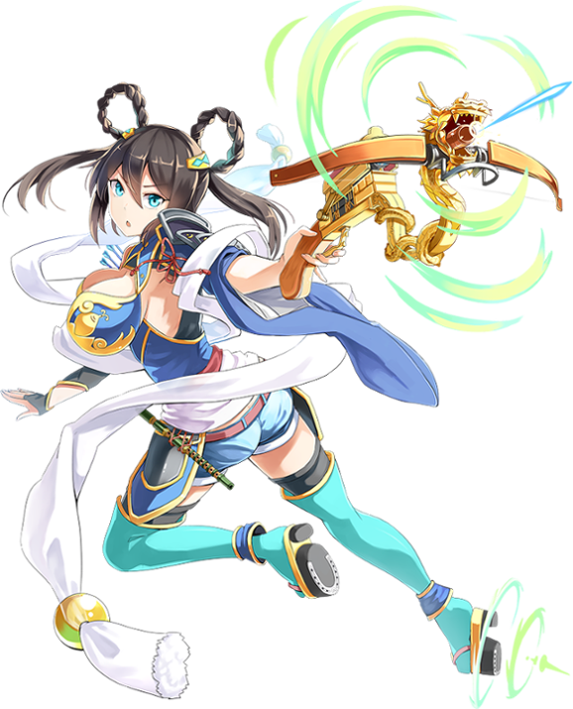 1girl aqua_eyes arrow boots bowgun breasts cleavage emerane flute full_body hair_ornament holding holding_weapon instrument large_breasts official_art open_mouth oshiro_project oshiro_project_re quiver short_shorts shorts takiyama_(oshiro_project) thigh-highs thigh_boots transparent_background weapon