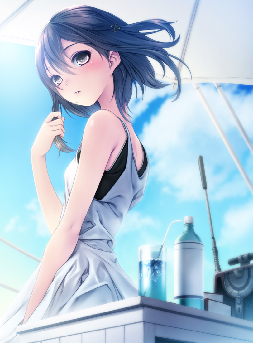 1girl bare_arms black_hair black_shirt blue_sky bottle brown_eyes clouds commentary_request cup day dress drinking_glass drinking_straw glass hair_between_eyes hair_ornament original outdoors parted_lips rezi shirt short_hair sky sleeveless sleeveless_dress sleeveless_shirt solo standing sundress umbrella water white_dress wind