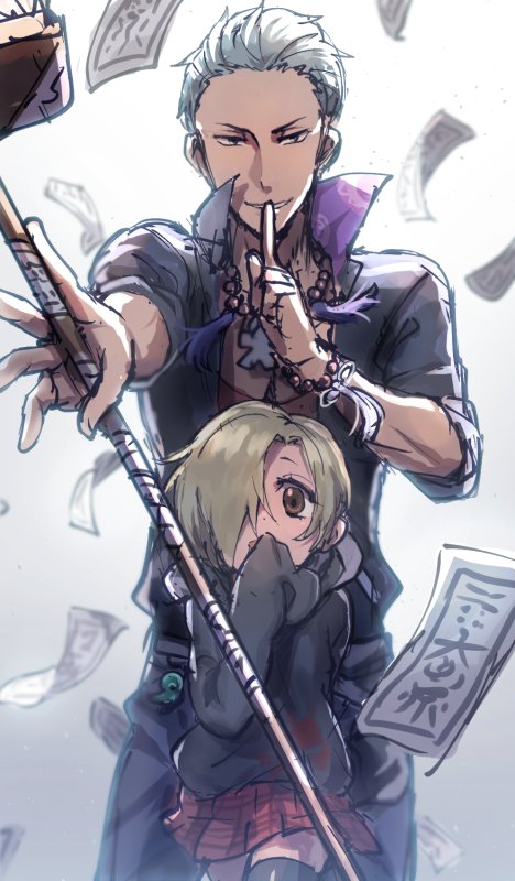 1boy 1girl beads blonde_hair blue_hair broom brown_eyes hair_over_one_eye hair_slicked_back hands_in_sleeves hood hoodie idolmaster idolmaster_cinderella_girls idolmaster_side-m index_finger_raised jewelry jumpsuit kuzunoha_amehiko multicolored_hair ofuda popped_collar prayer_beads shinonoko_(tubamecider) shirasaka_koume sleeves_past_wrists smile trait_connection two-tone_hair