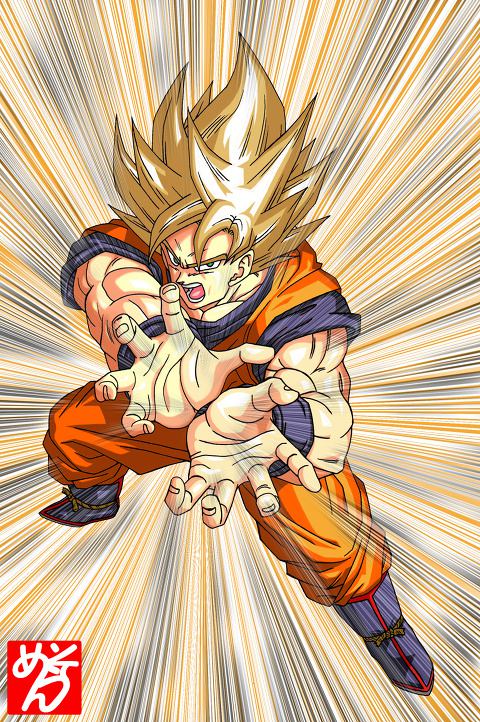 1boy blonde_hair boots dougi dragon_ball fighting_stance fingernails green_eyes kamehameha multicolored multicolored_background official_art open_mouth outstretched_arms outstretched_hand short_hair solo son_gokuu spiky_hair super_saiyan white_background wristband