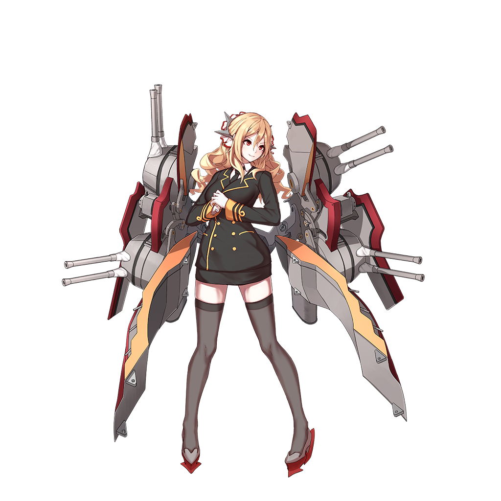 1girl black_coat black_legwear black_necktie blonde_hair breasts cannon cracking_knuckles double-breasted drill_hair full_body gloves hair_ornament large_breasts long_hair machinery microskirt military military_uniform necktie official_art pencil_skirt red_eyes remodel_(zhan_jian_shao_nyu) skirt smirk solo thigh-highs turret uniform warspite_(zhan_jian_shao_nyu) wave505 white_gloves zhan_jian_shao_nyu