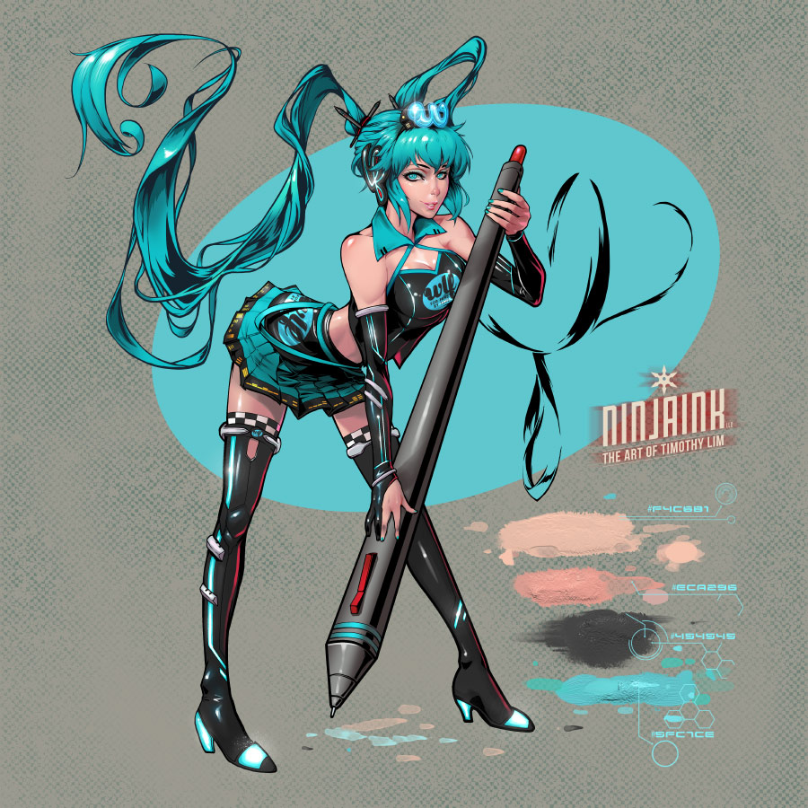 1girl adapted_costume aqua_eyes aqua_hair aqua_nails artist_name bent_over boots breasts cleavage color_guide detached_collar elbow_gloves full_body gloves hatsune_miku headgear high_heel_boots high_heels lips long_hair medium_breasts midriff miniskirt nail_polish oversized_object partly_fingerless_gloves pleated_skirt racequeen shiny shiny_clothes skirt solo stylus the_phantom_lim thigh-highs thigh_boots twintails very_long_hair vocaloid