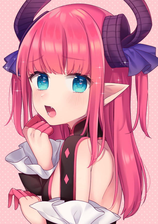 1girl back bangs blue_eyes blush fang fate/extra fate/extra_ccc fate_(series) gloves heart heart-shaped_pupils horns karokuchitose lancer_(fate/extra_ccc) long_hair looking_at_viewer looking_back open_mouth partly_fingerless_gloves pink_gloves pink_hair pointy_ears solo sparkle symbol-shaped_pupils upper_body wide_sleeves