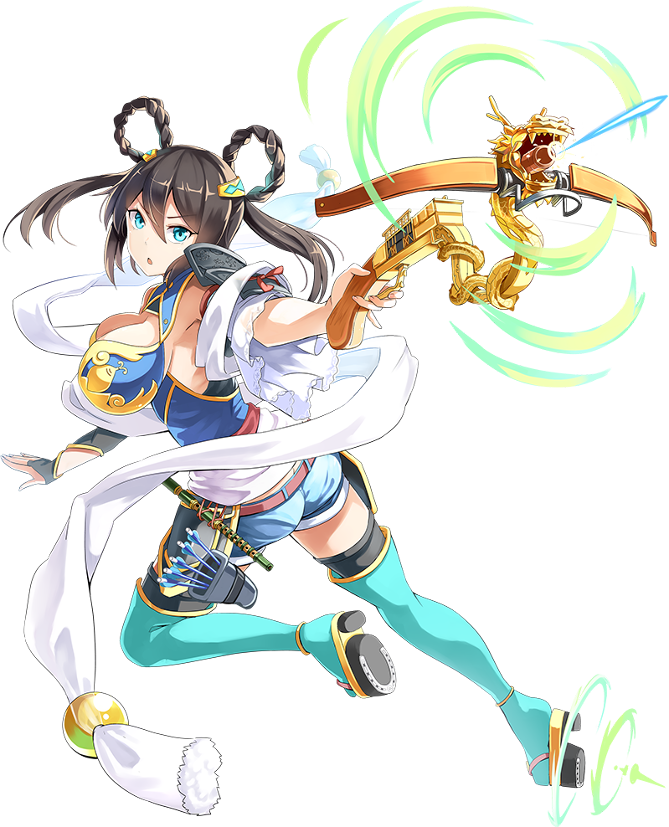1girl aqua_eyes arrow boots bowgun breasts cleavage emerane full_body hair_ornament holding holding_weapon large_breasts official_art open_mouth oshiro_project oshiro_project_re quiver short_shorts shorts takiyama_(oshiro_project) thigh-highs thigh_boots transparent_background weapon