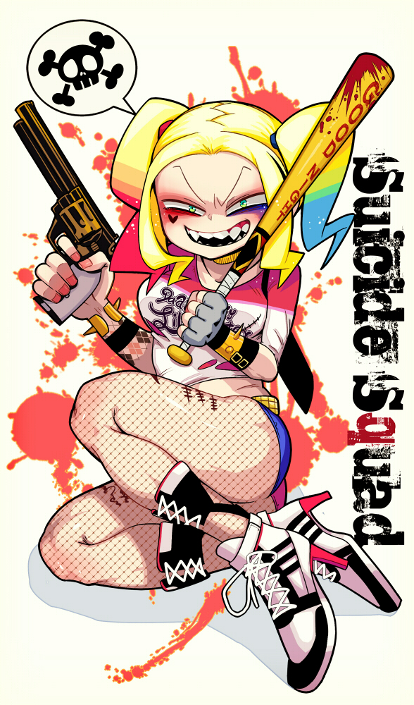 1girl baseball_bat blonde_hair blue_hair bracelet breasts choker copyright_name dc_comics english fingerless_gloves fishnets gloves green_eyes grin gun handgun harley_quinn heart high_heel_boots jewelry koutamii looking_at_viewer makeup multicolored_hair nail_polish redhead revolver sharp_teeth single_glove skull_and_crossbones smile solo speech_bubble spiked_bracelet spikes suicide_squad tally teeth thighs twintails weapon