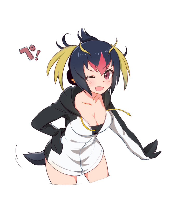 &gt;;d 1girl ;d bangs black_hair blush breasts cleavage collarbone cowlick cropped_legs eyebrows_visible_through_hair hair_between_eyes hand_on_hip highlights hood hoodie kemono_friends leaning_forward looking_at_viewer medium_breasts multicolored_hair one_eye_closed open_mouth redhead rockhopper_penguin_(kemono_friends) sidelocks simple_background smile solo tail tanaka_(colorcorn) twintails white_background