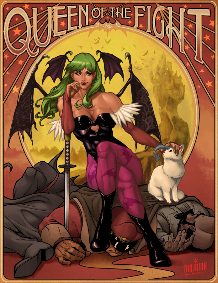1girl 2boys ahoge art_nouveau bat_wings belger boots breasts bridal_gauntlets capcom cat cleavage crossover demon_girl felicia felicia_(cat) final_fight green_eyes green_hair green_nails head_wings heart_cutout katana large_breasts legs_crossed leotard lipstick long_hair m_bison makeup morrigan_aensland multiple_boys nail_polish pantyhose petting planted_sword planted_weapon print_legwear purple_legwear sitting sitting_on_person solo_focus street_fighter succubus sword the_phantom_lim toned vampire_(game) weapon wings yellow_sclera