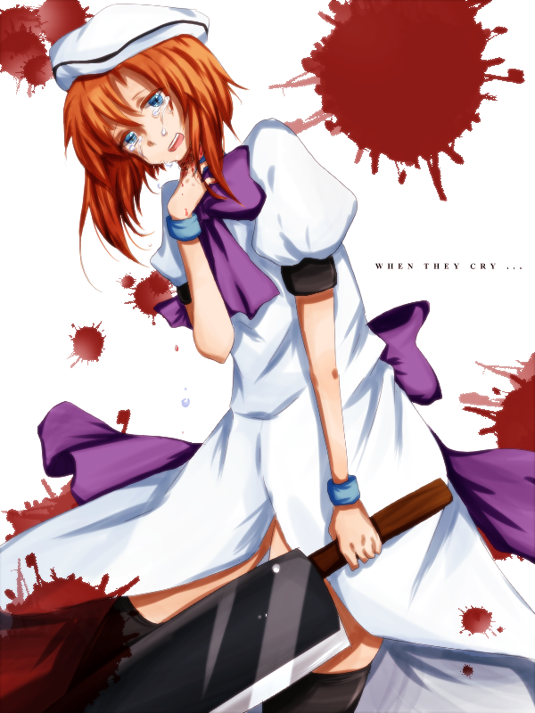 1girl artist_request billhook black_legwear blood blood_splatter blue_eyes copyright_name crying hand_on_own_chest hat higurashi_no_naku_koro_ni red_eyes ryuuguu_rena skindentation solo thigh-highs thighs white_background