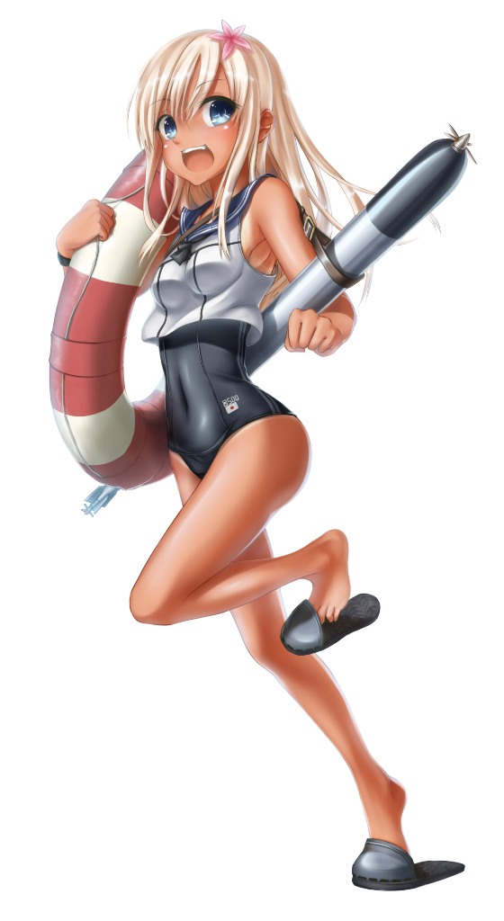 10s 1girl blonde_hair blue_eyes character_name covered_navel crop_top flower gundam00uc hair_flower hair_ornament japanese_flag kantai_collection lifebuoy long_hair one-piece_swimsuit one-piece_tan open_mouth ro-500_(kantai_collection) running sailor_collar sandals school_swimsuit solo swimsuit swimsuit_under_clothes tan tanline torpedo