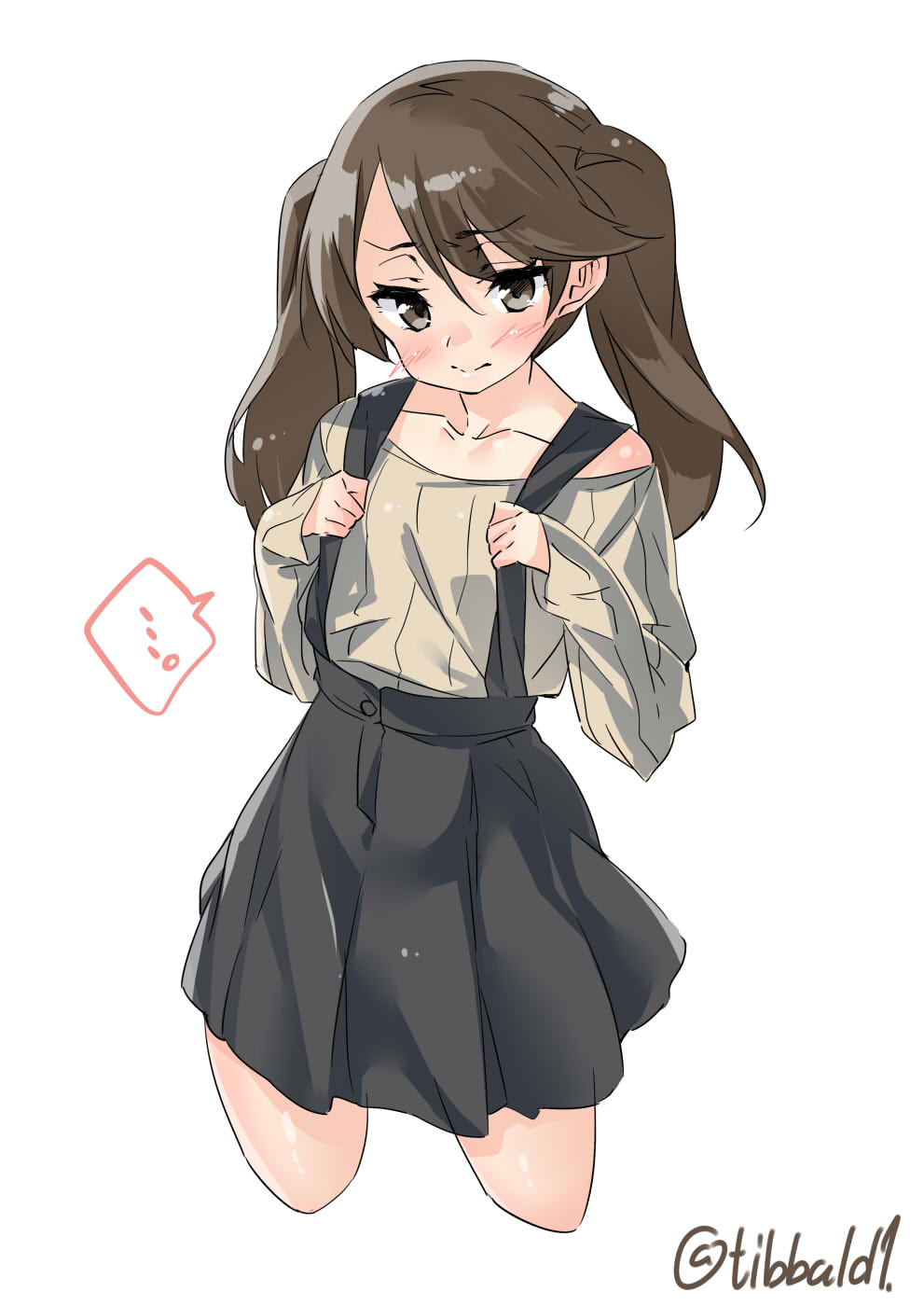 ... 10s 1girl alternate_costume bangs black_skirt blush brown_eyes brown_hair closed_mouth collarbone contemporary cowboy_shot cropped_legs ebifurya eyebrows_visible_through_hair hair_between_eyes highres kantai_collection long_hair long_sleeves ryuujou_(kantai_collection) simple_background skirt solo spoken_ellipsis suspender_skirt suspenders twintails twitter_username white_background