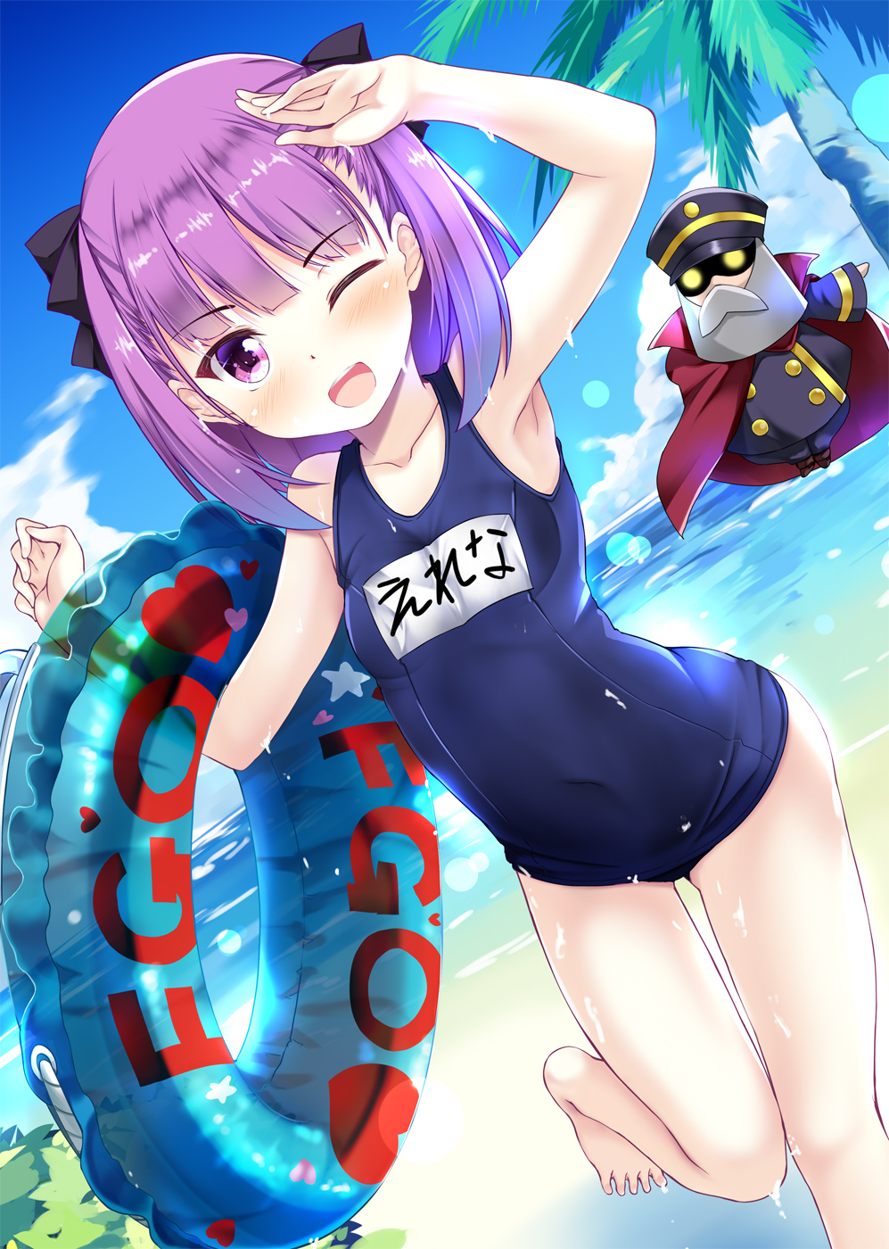 1girl barefoot blush bow covered_navel dutch_angle fate/grand_order fate_(series) hair_bow helena_blavatsky_(fate/grand_order) highres hitsujibane_shinobu innertube looking_at_viewer name_tag one-piece_swimsuit one_eye_closed open_mouth purple_hair school_swimsuit short_hair solo swimsuit violet_eyes
