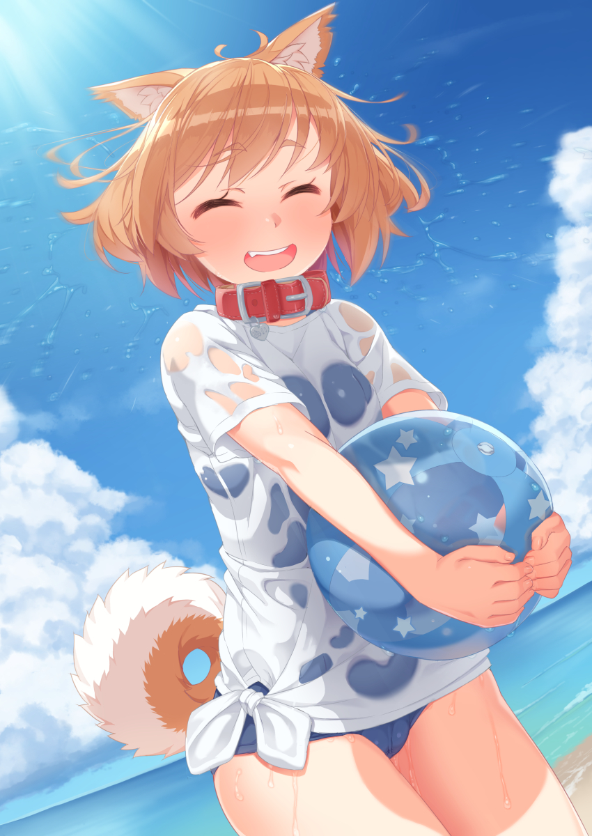1girl animal_ears ball bangs beach beachball blue_sky breasts brown_hair closed_eyes clouds commentary_request day dog_ears dog_tail eyebrows_visible_through_hair fang highres holding holding_ball medium_breasts open_mouth original outdoors red_collar school_swimsuit see-through shaking_head shirt short_hair sky smile solo standing swimsuit swimsuit_under_clothes tachimi_(basue) tail tied_shirt transparent water_drop wet wet_clothes wet_shirt white_shirt