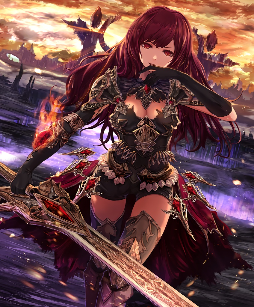 1girl cygames gloves holding holding_weapon long_hair official_art red_eyes redhead scarlet_sabreur shadowverse sword weapon