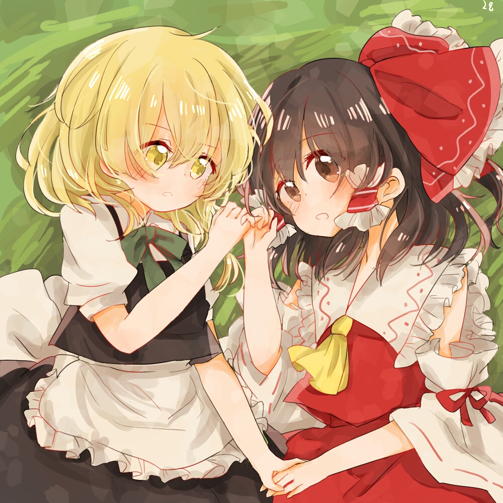 2girls :o apron blonde_hair blush bow braid brown_eyes brown_hair detached_sleeves frilled_shirt_collar frilled_skirt frills hair_bow hair_ribbon hair_tubes hakurei_reimu hand_holding kirisame_marisa kosencha large_bow long_hair looking_at_another looking_at_viewer lying multiple_girls open_mouth pinky_swear puffy_short_sleeves puffy_sleeves ribbon ribbon-trimmed_sleeves ribbon_trim short_sleeves side-by-side side_braid single_braid skirt touhou waist_apron wide_sleeves yellow_eyes yuri