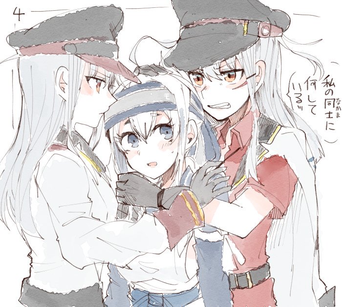 2girls ainu_clothes black_gloves blue_eyes blush comic dual_persona eyebrows_visible_through_hair facial_scar gangut_(kantai_collection) gloves grey_hair hair_between_eyes hair_ornament hairclip hat headband itomugi-kun jacket_on_shoulders japanese_clothes kamoi_(kantai_collection) kantai_collection long_hair long_sleeves looking_at_another looking_at_viewer military military_hat military_jacket military_uniform multiple_girls open_mouth peaked_cap ponytail red_eyes red_shirt remodel_(kantai_collection) scar shirt smile translated uniform white_hair