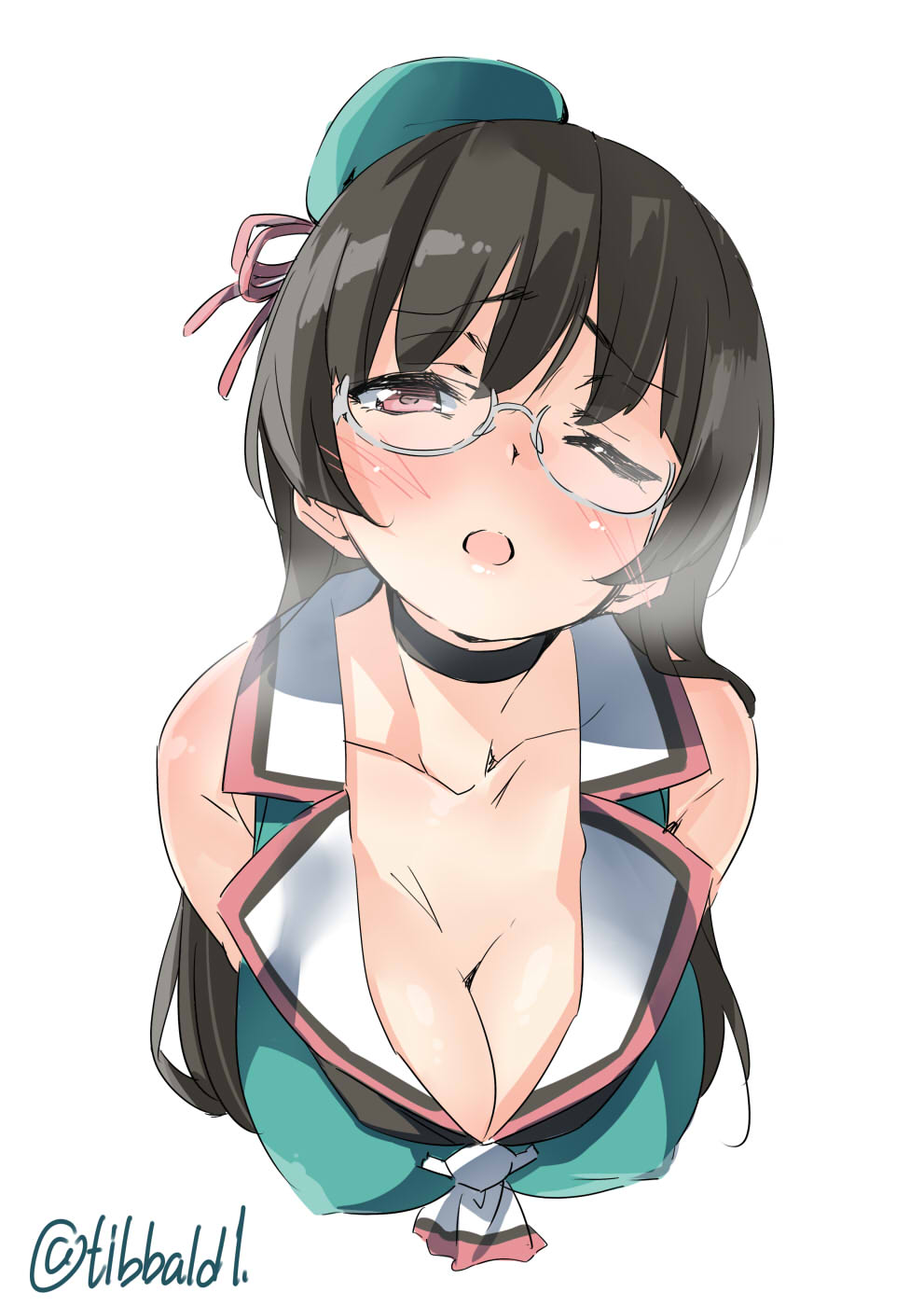 10s 1girl aqua_hat ascot bangs black_hair blush breasts breath choukai_(kantai_collection) cleavage collarbone ebifurya erect_nipples eyebrows_visible_through_hair glasses grey-framed_eyewear hat highres kantai_collection long_hair looking_at_viewer medium_breasts mini_hat one_eye_closed open_mouth red_eyes remodel_(kantai_collection) semi-rimless_glasses simple_background sleeveless solo twitter_username under-rim_glasses upper_body white_background