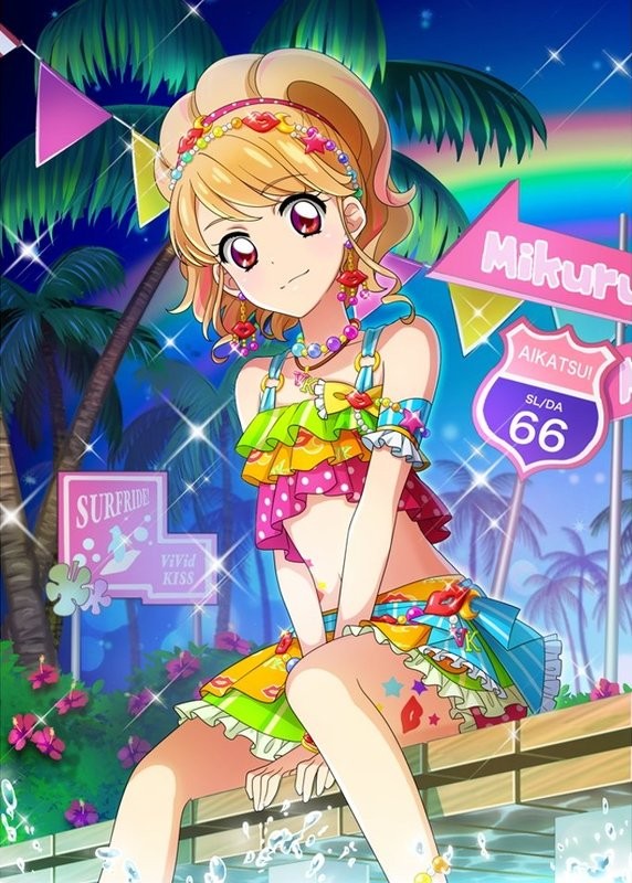 1girl aikatsu! aikatsu!_photo_on_stage!! anklet beads between_legs blonde_hair bow bush character_name flower hand_between_legs hibiscus highlights jewelry multicolored multicolored_clothes multicolored_hair natsuki_mikuru necklace night night_sky palm_tree pink_eyes ponytail rainbow road_sign route_66 sign sitting sky sleeveless star tree water water_drop yellow_bow