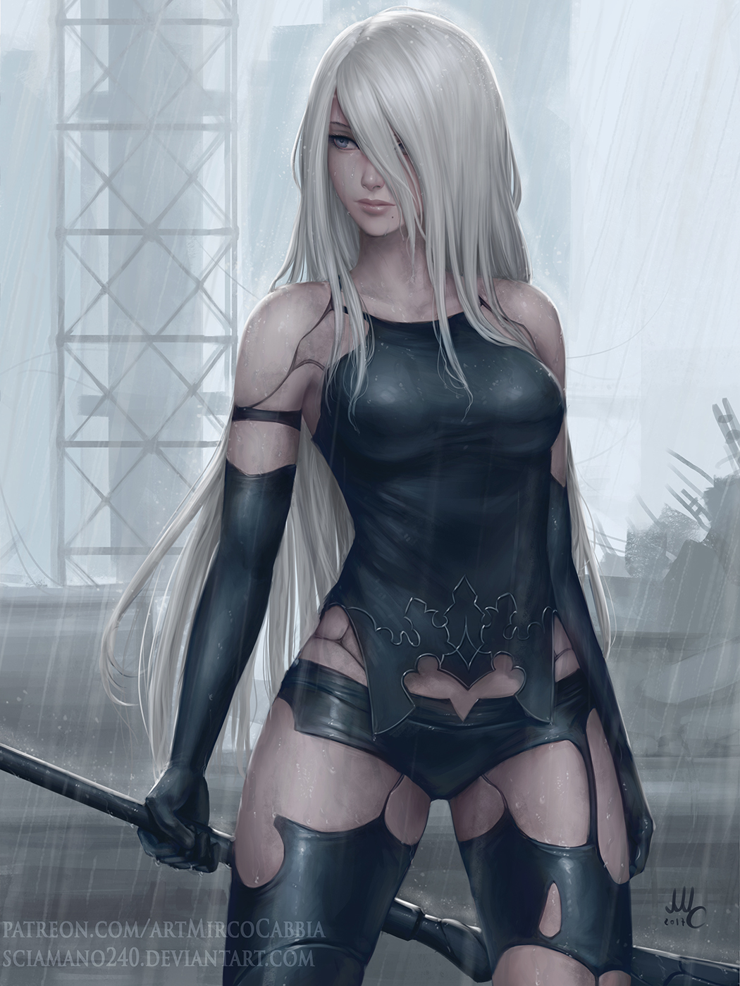 1girl android black_gloves elbow_gloves gloves hair_over_one_eye highres long_hair mirco_cabbia mole mole_under_mouth nier_(series) nier_automata rain short_shorts shorts silver_hair solo sword thigh-highs thigh_gap weapon wet wet_hair yorha_type_a_no._2