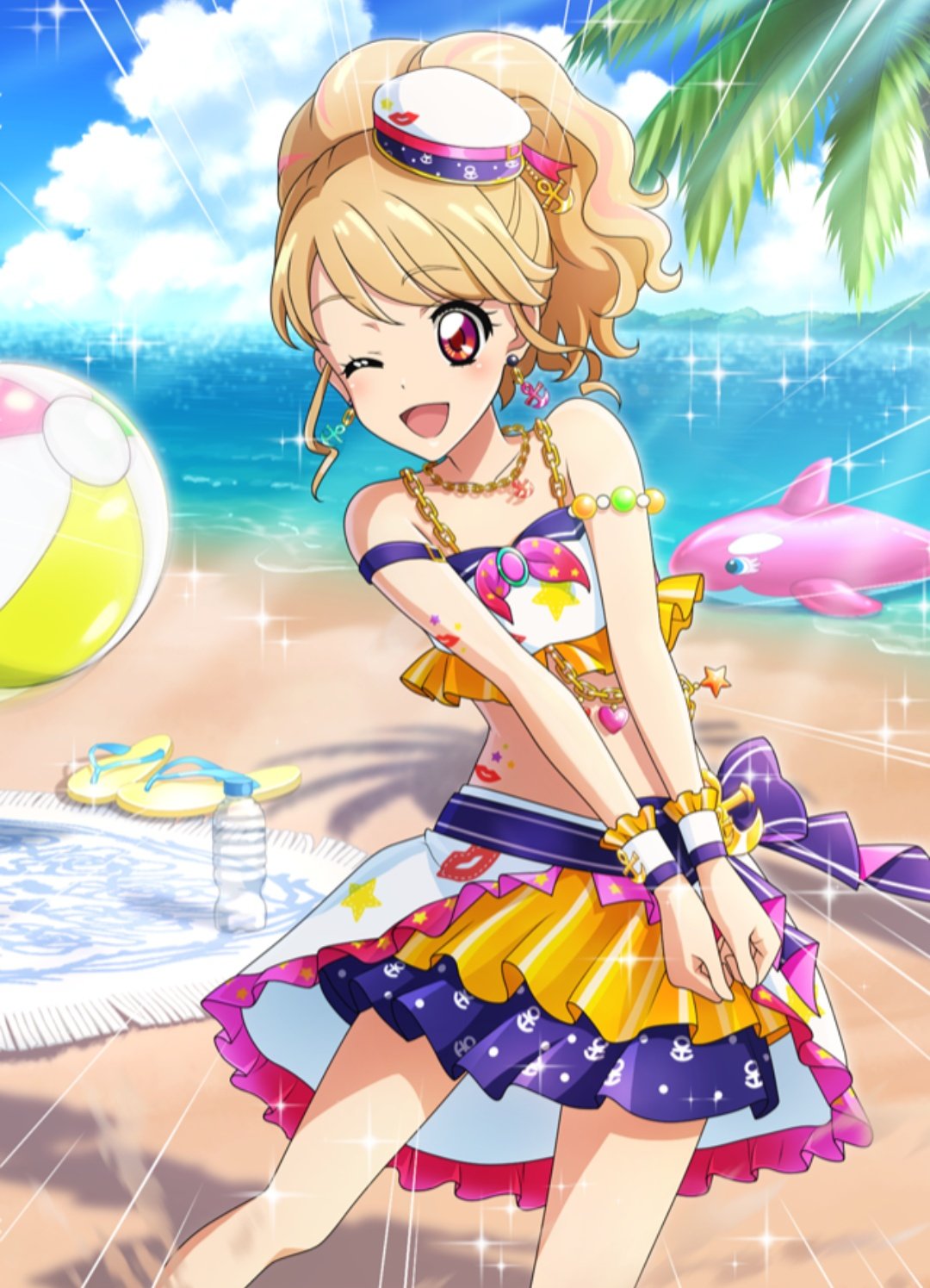 1girl aikatsu! aikatsu!_photo_on_stage!! anchor_earrings anchor_symbol ball bangs beach beachball blonde_hair chains clouds day earrings flip-flops frills hat highlights highres inflatable_dolphin inflatable_toy jewelry multicolored_hair natsuki_mikuru necklace ocean one_eye_closed open_mouth palm_tree pink_eyes ponytail sailor_hat sand sandals shirt skirt sky sleeveless sleeveless_shirt smile sunlight tree water