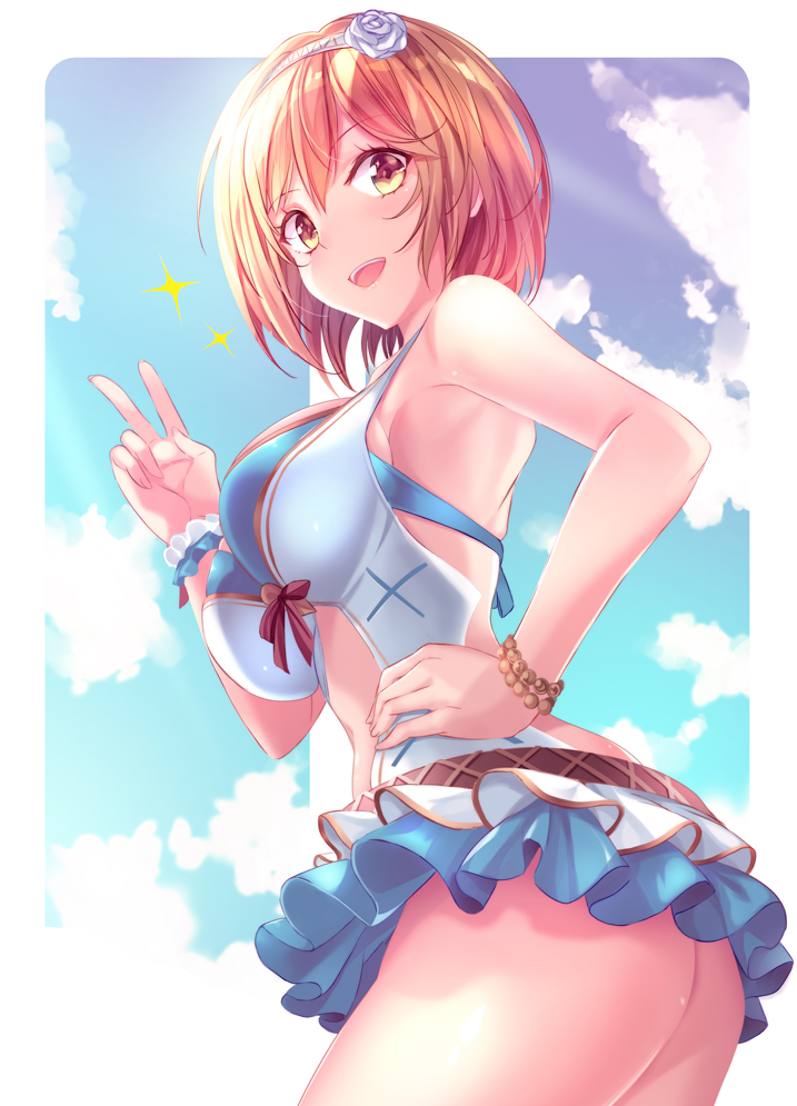 1girl :d ass bare_arms blonde_hair blue_sky bracelet breasts clouds commentary_request djeeta_(granblue_fantasy) flower from_side granblue_fantasy hair_flower hair_ornament hairband hand_on_hip jewelry looking_at_viewer medium_breasts nanashino_kanon open_mouth short_hair sky smile solo sparkle swimsuit teeth v yellow_eyes