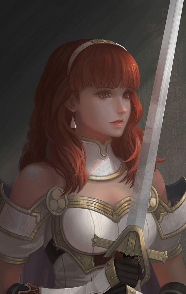 1girl armor breastplate celica_(fire_emblem) earrings fire_emblem fire_emblem_echoes:_mou_hitori_no_eiyuuou fire_emblem_gaiden gloves holding holding_sword holding_weapon jewelry portrait red_eyes redhead solo sword weapon yagaminoue
