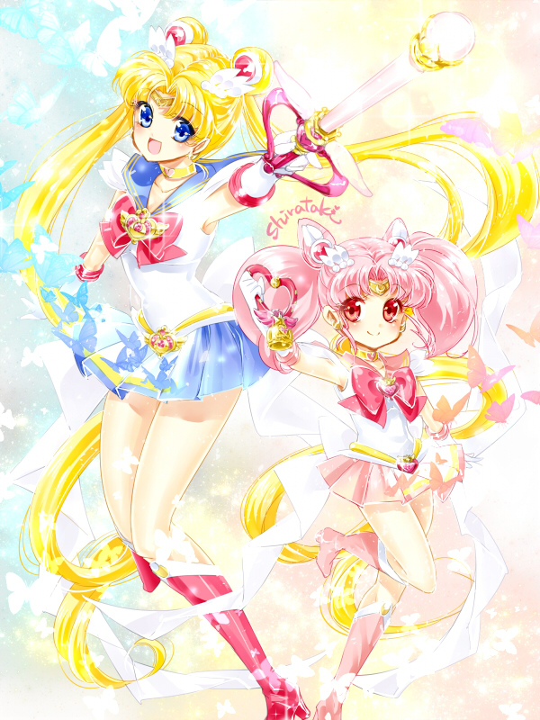 2girls :d bishoujo_senshi_sailor_moon blonde_hair blue_eyes blue_sailor_collar blue_skirt boots bow brooch butterfly chibi_usa circlet closed_mouth crystal_carillon double_bun elbow_gloves full_body gloves hair_ornament hairpin holding holding_wand jewelry kaleidomoon_scope long_hair looking_at_viewer magical_girl multiple_girls open_mouth pink_boots pink_hair pink_sailor_collar pink_skirt red_boots red_bow red_eyes sailor_chibi_moon sailor_moon shirataki_kaiseki short_hair signature skirt smile super_sailor_chibi_moon super_sailor_moon tsukino_usagi twintails wand white_gloves yellow_choker