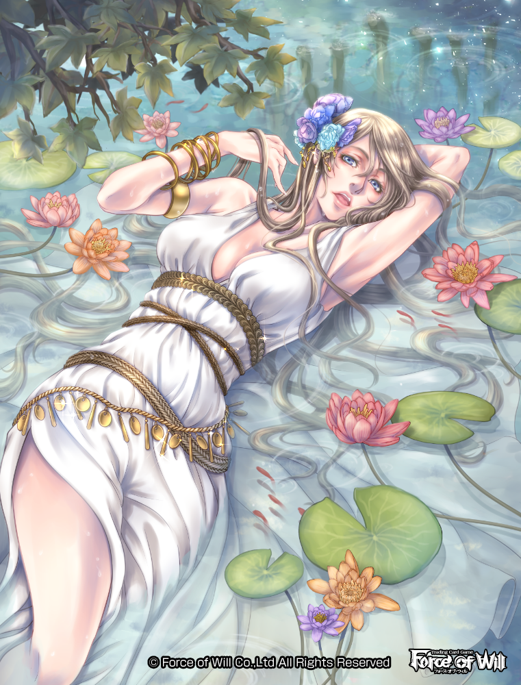 1girl bare_shoulders blonde_hair blue_eyes bracelet breasts cleavage copyright_name curly_hair dress flower force_of_will full_body hair_flower hair_ornament jewelry kamijororo leaf lily_(flower) lily_pad long_hair official_art open_mouth solo teeth water