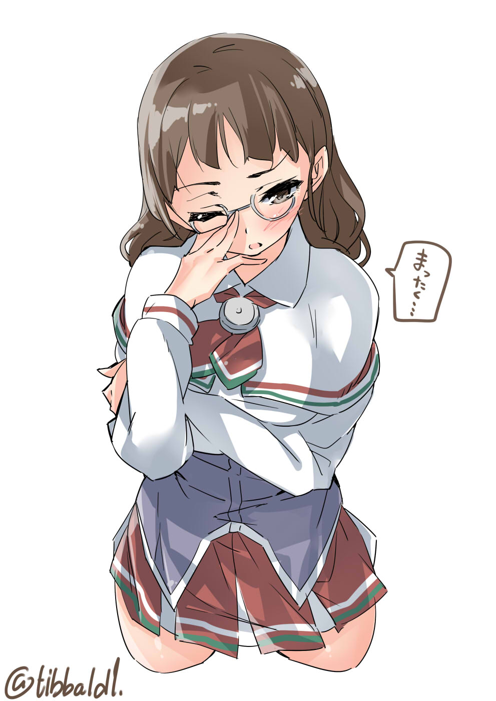 10s 1girl adjusting_glasses ascot bangs blush brown_eyes brown_hair capelet cowboy_shot cropped_legs ebifurya glasses grey-framed_eyewear highres kantai_collection long_hair long_sleeves one_eye_closed open_mouth pince-nez roma_(kantai_collection) simple_background skirt solo speech_bubble translated twitter_username white_background