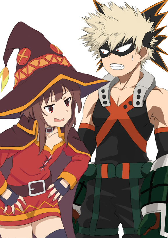 1boy 1girl bakugou_katsuki bare_shoulders boku_no_hero_academia brown_hair cape choker clenched_teeth domino_mask dress elbow_gloves explosive fingerless_gloves fuyube_gin_(huyube) gloves grenade half-closed_eyes hat kono_subarashii_sekai_ni_shukufuku_wo! looking_at_another mask megumin pants red_eyes silver_hair simple_background smile spiky_hair strapless strapless_dress sweatdrop tank_top teeth thigh-highs tube_dress white_background witch_hat