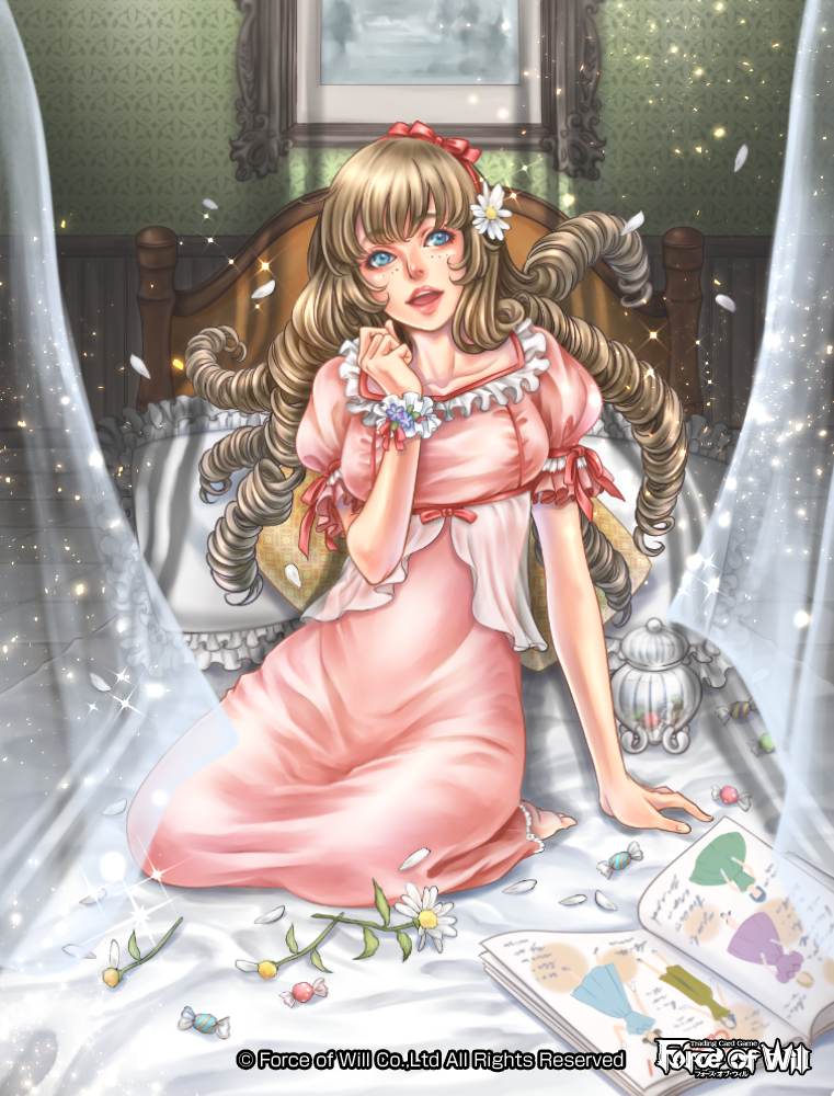 1girl barefoot bed blonde_hair blue_eyes book bow candy copyright_name curtains drill_hair flower food force_of_will freckles hair_flower hair_ornament hairband kamijororo long_hair official_art open_mouth petals pillow sitting solo sparkle teeth