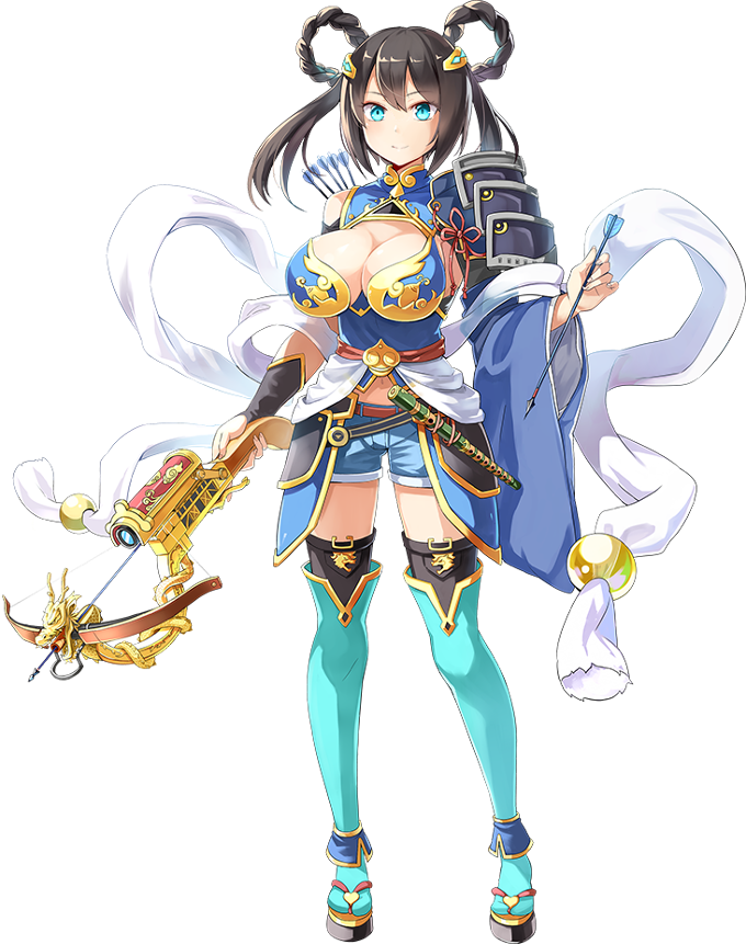 1girl aqua_eyes arrow black_hair boots bowgun breasts cleavage emerane flute full_body hair_ornament holding holding_weapon instrument large_breasts official_art oshiro_project oshiro_project_re short_shorts shorts smile takiyama_(oshiro_project) thigh-highs thigh_boots transparent_background twintails weapon