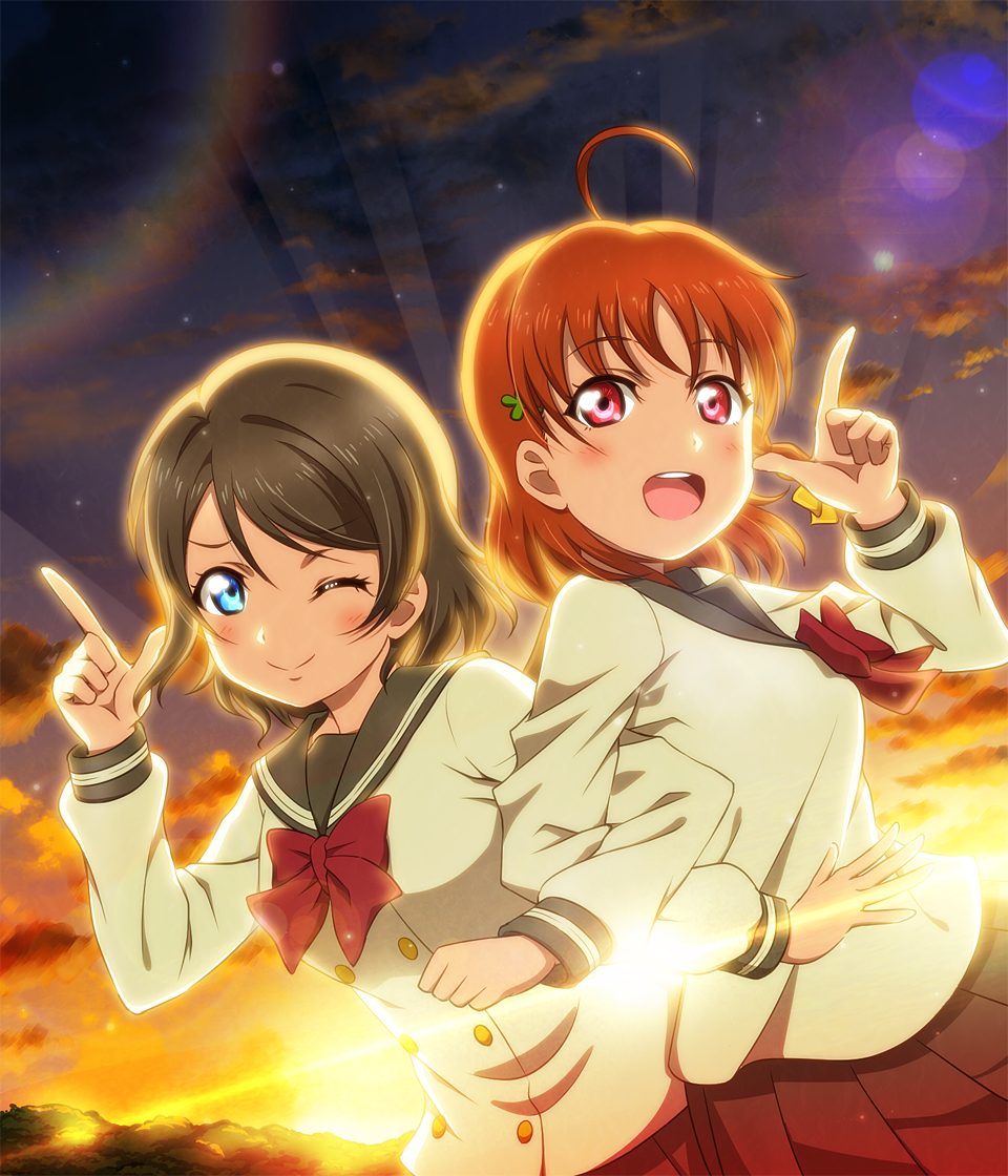 2girls ahoge anibache black_skirt blue_eyes blush bow eyebrows_visible_through_hair grey_hair index_finger_raised locked_arms long_sleeves looking_at_viewer love_live! love_live!_sunshine!! multiple_girls one_eye_closed open_mouth orange_hair pink_eyes red_bow short_hair skirt smile sunrise takami_chika teeth upper_body watanabe_you