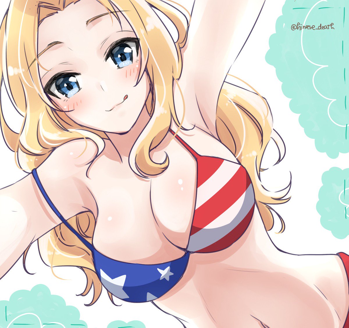 1girl american_flag_bikini bikini blonde_hair blue_eyes blush breasts cleavage flag_print from_below girls_und_panzer groin kay_(girls_und_panzer) large_breasts licking_lips long_hair navel smile solo strap_slip swimsuit tongue tongue_out twitter_username