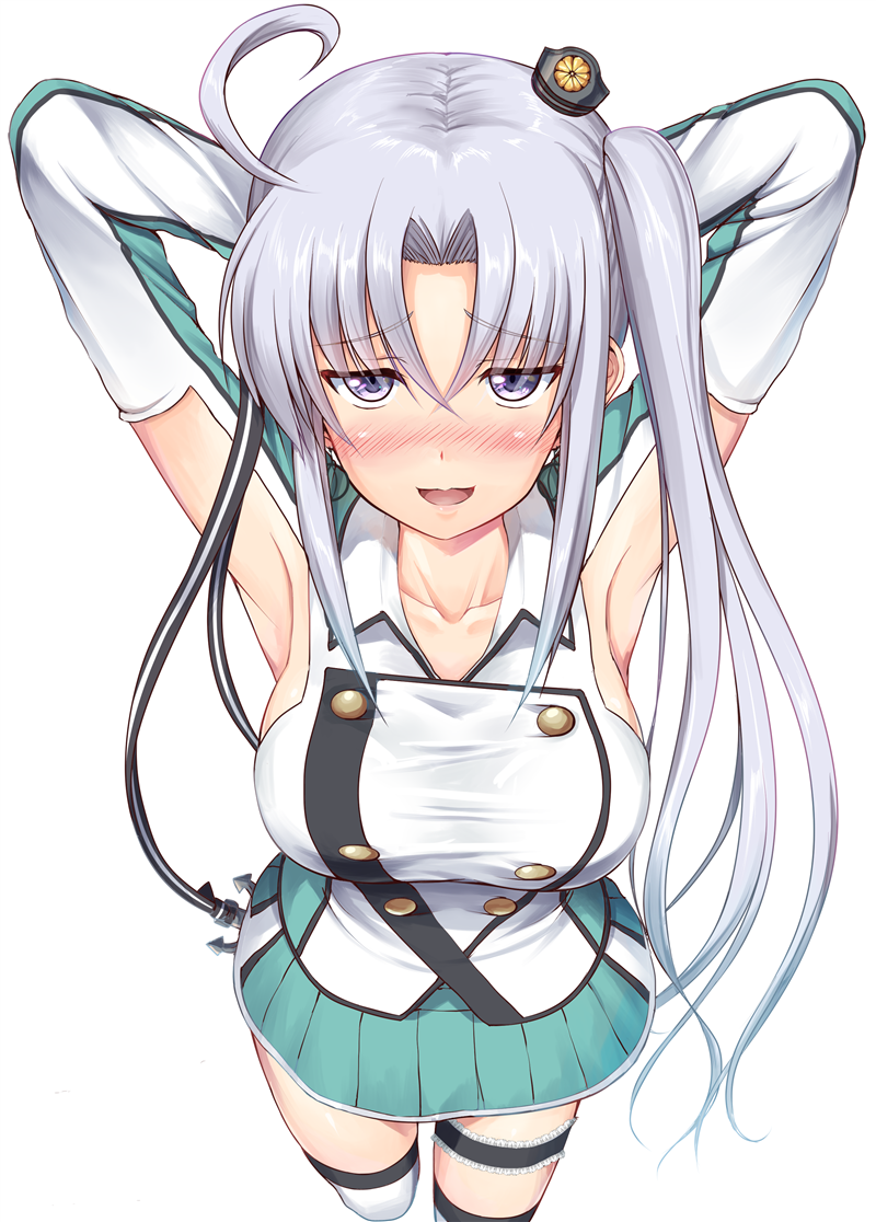 10s 1girl ahoge akitsushima_(kantai_collection) anchor_hair_ornament armpits arms_behind_head blush breasts buttons collarbone eyebrows_visible_through_hair from_above green_skirt hair_ornament hat ichikawa_feesu kantai_collection long_hair looking_at_viewer medium_breasts mini_hat multicolored_hair open_mouth pleated_skirt purple_hair side_ponytail simple_background skirt solo thigh_strap upper_body violet_eyes white_background