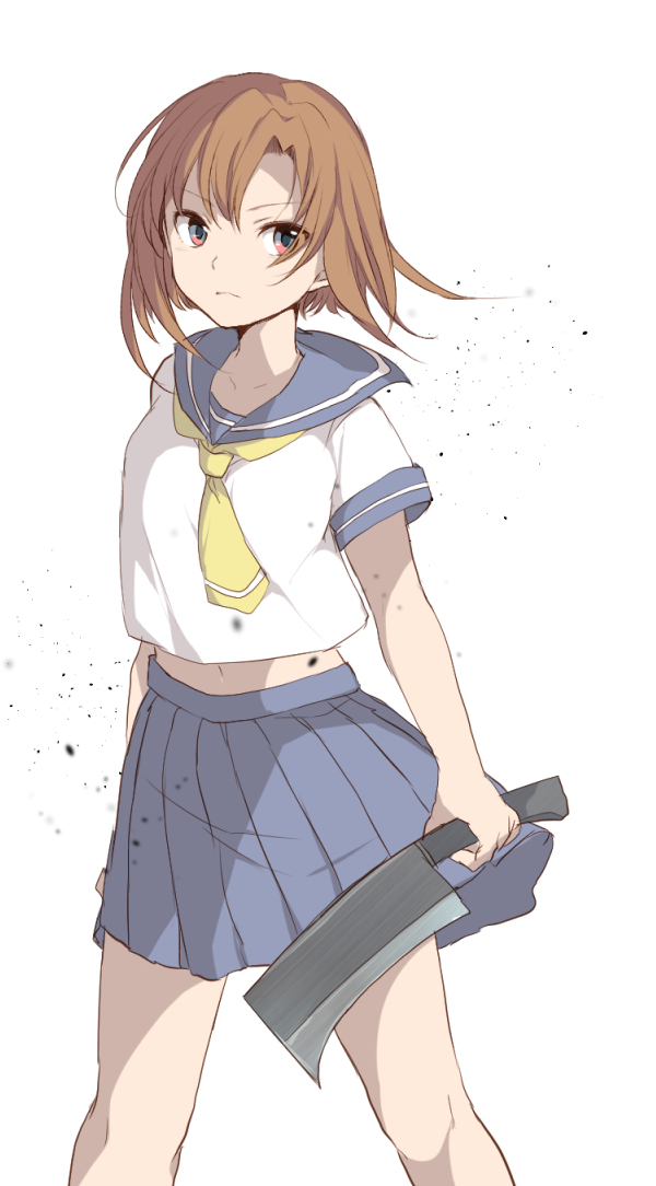 1girl blue_eyes brown_hair hatchet higurashi_no_naku_koro_ni hiroe_(cosmos_blue-02_421) holding midriff navel nose_hatchet oriental_hatchet ryuuguu_rena school_uniform serafuku short_hair short_sleeves solo white_background