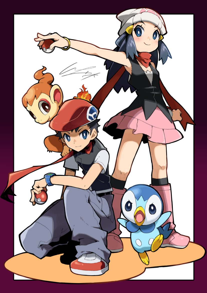 1boy 1girl arm_rest armpits beanie black_hair boots cabbie_hat chimchar dress hat hikari_(pokemon) io_naomichi kneeling kouki_(pokemon) one_knee pink_boots piplup pokemon pokemon_(game) pokemon_dppt scarf short_dress