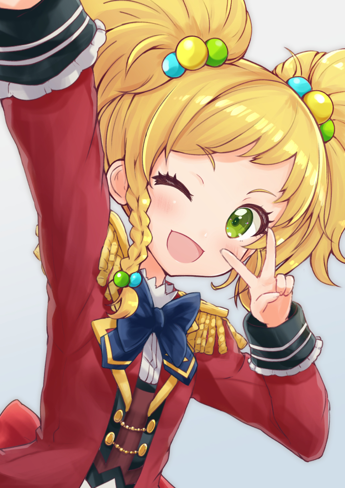 1girl aikatsu! aikatsu_stars! blonde_hair blush character_request eyebrows_visible_through_hair green_eyes hair_bobbles hair_ornament long_sleeves looking_at_viewer one_eye_closed open_mouth short_hair short_twintails smile solo twintails upper_body v yuki_shiro