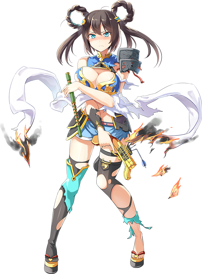 1girl aqua_eyes bare_shoulders black_hair blush boots breasts emerane flute full_body hair_ornament instrument large_breasts looking_at_viewer official_art oshiro_project oshiro_project_re short_shorts shorts takiyama_(oshiro_project) tearing_up thigh-highs thigh_boots torn_boots torn_clothes torn_shorts torn_thighhighs transparent_background twintails