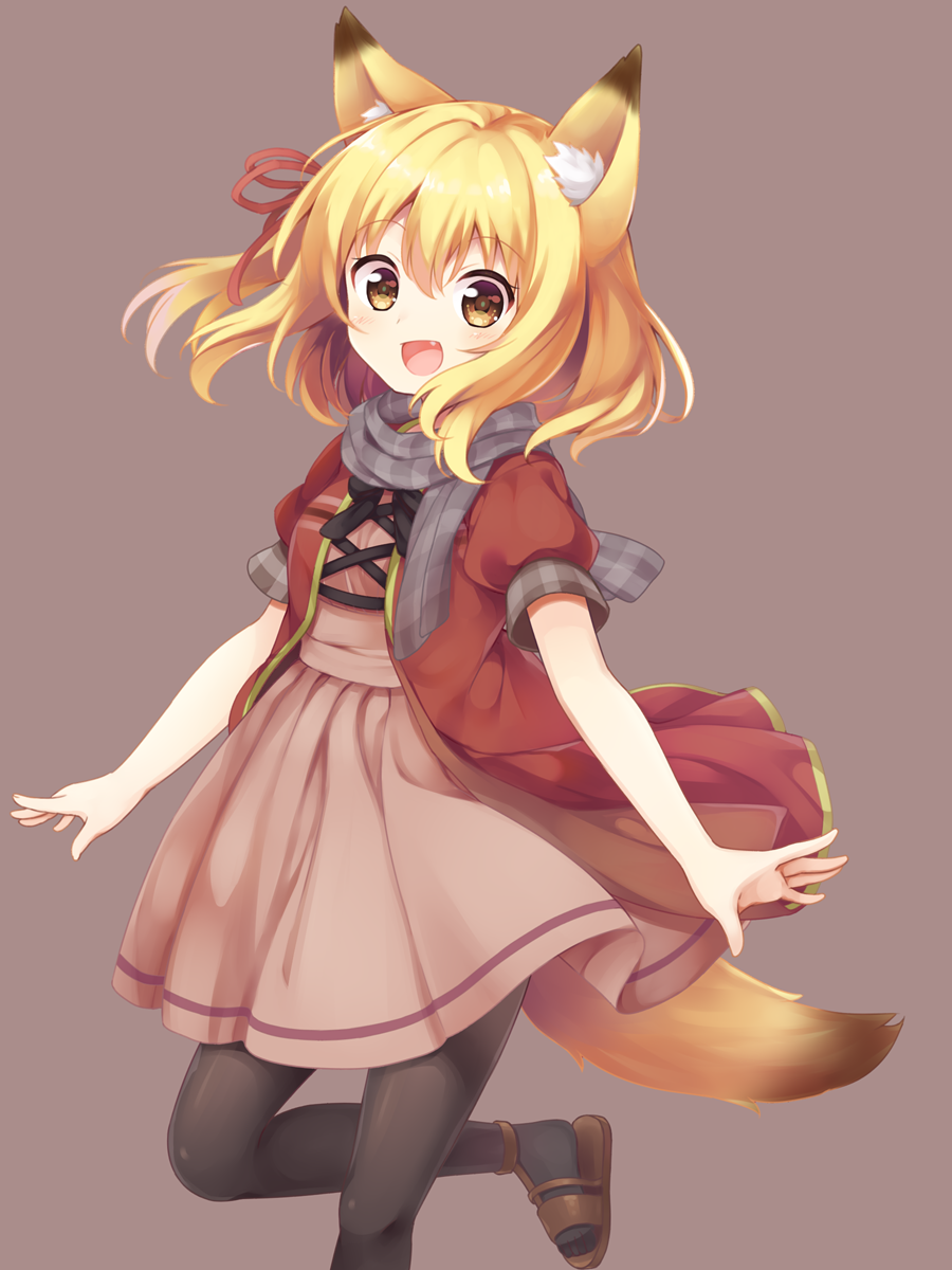 1girl animal_ears blonde_hair bow fang fox_ears fox_tail hair_bow highres kirara_m._sunlight looking_at_viewer open_mouth original pantyhose short_hair simple_background solo tail yatsuki_yura yellow_eyes