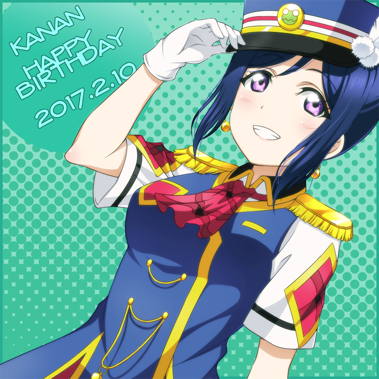 1girl adjusting_clothes adjusting_hat anibache blue_hair blue_hat blush dated earrings eyebrows_visible_through_hair gloves green_background happy_birthday happy_party_train hat jewelry looking_at_viewer love_live! love_live!_sunshine!! matsuura_kanan parted_lips short_sleeves smile solo teeth upper_body violet_eyes white_gloves
